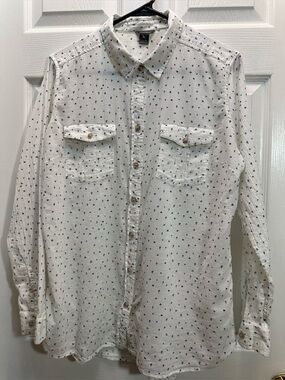 Eddie Bauer White Long-Sleeve Button-Down with Navy Micro Print